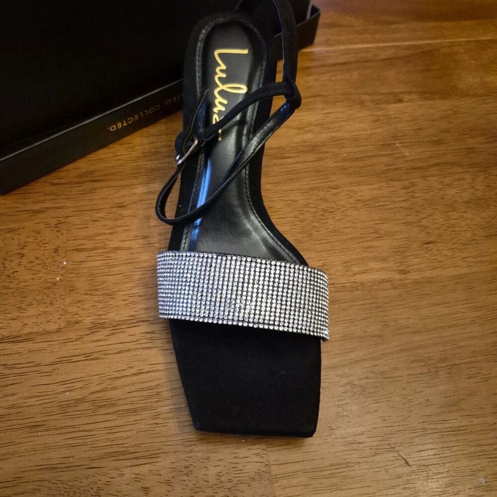 LULUS Shylaa sparkle heels wedding prom fancy black and clear wrap strap size 8